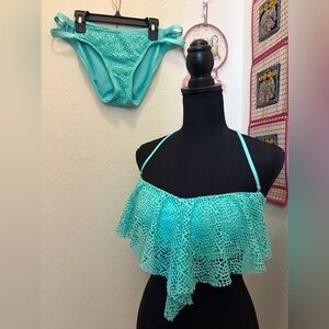 Crochet Flounce Bikini Top in Aqua